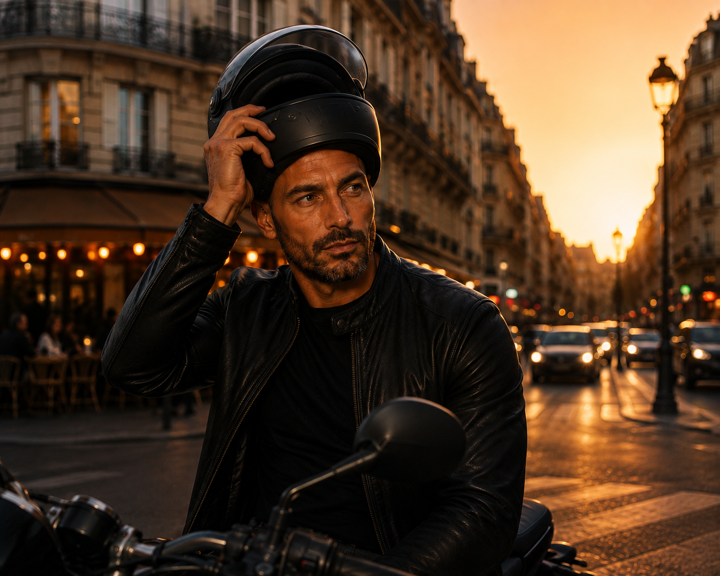 Motard retirant son casque après une tricopigmentation capillaire